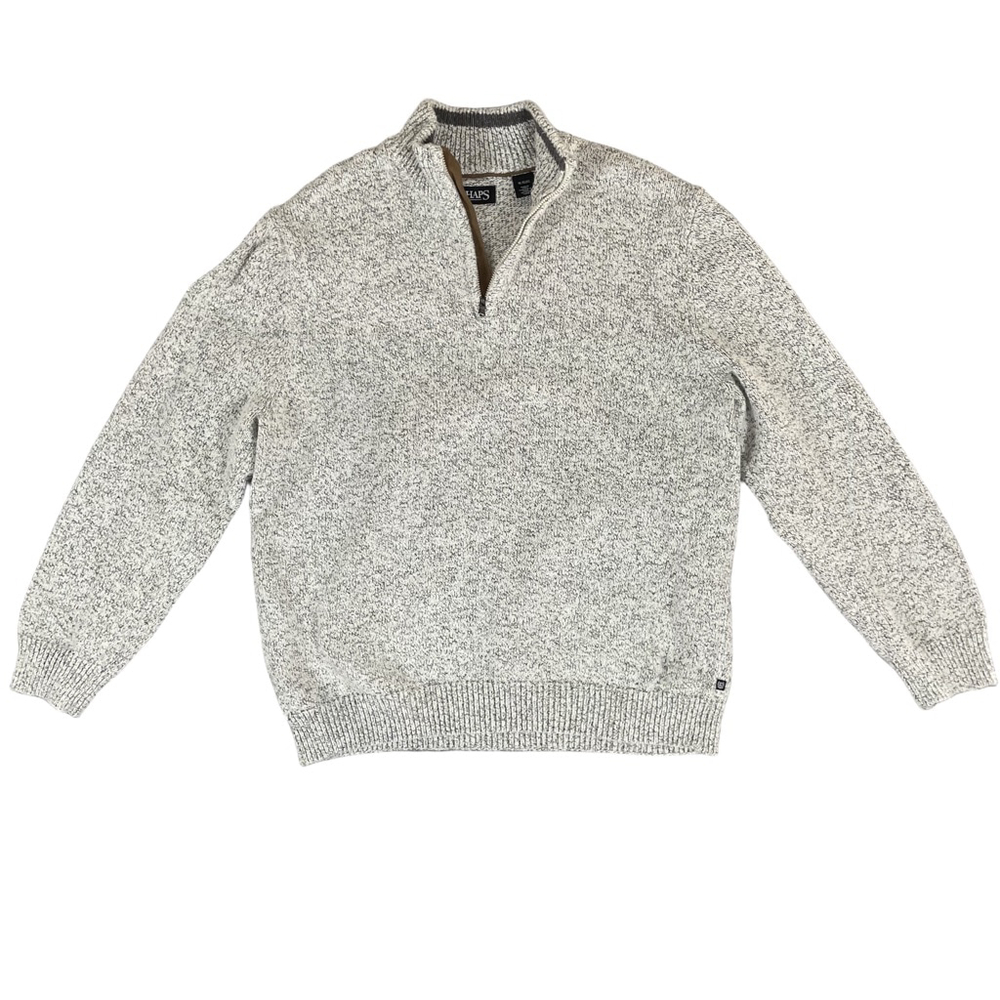 Chaps Mens XL Quarter Zip Sweater Gray Marled Knit Cotton Blend Suede Trim Mock